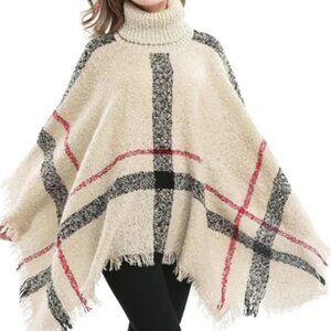 NWT - Ivory / Oatmeal Plaid Turtleneck Poncho